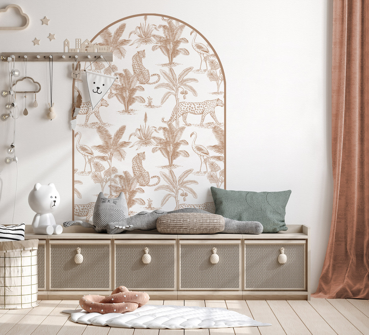 Clay Leopard Safari Arch Wall Decal behind a rattan bed in a modern safari nursery with removable fabric wall stickers