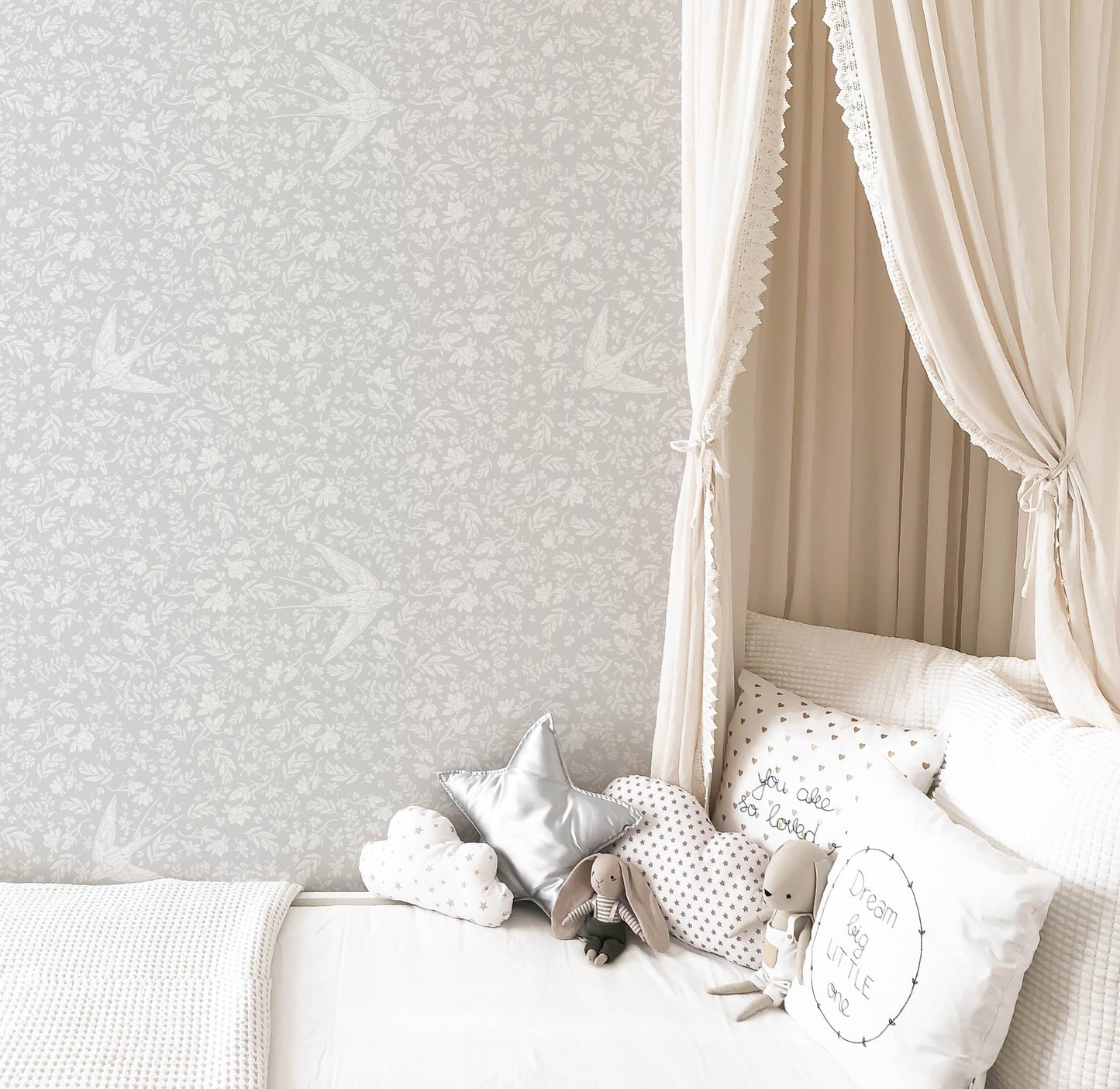 Little Birdie (Soft Grey) Floral Wallpaper with canopy