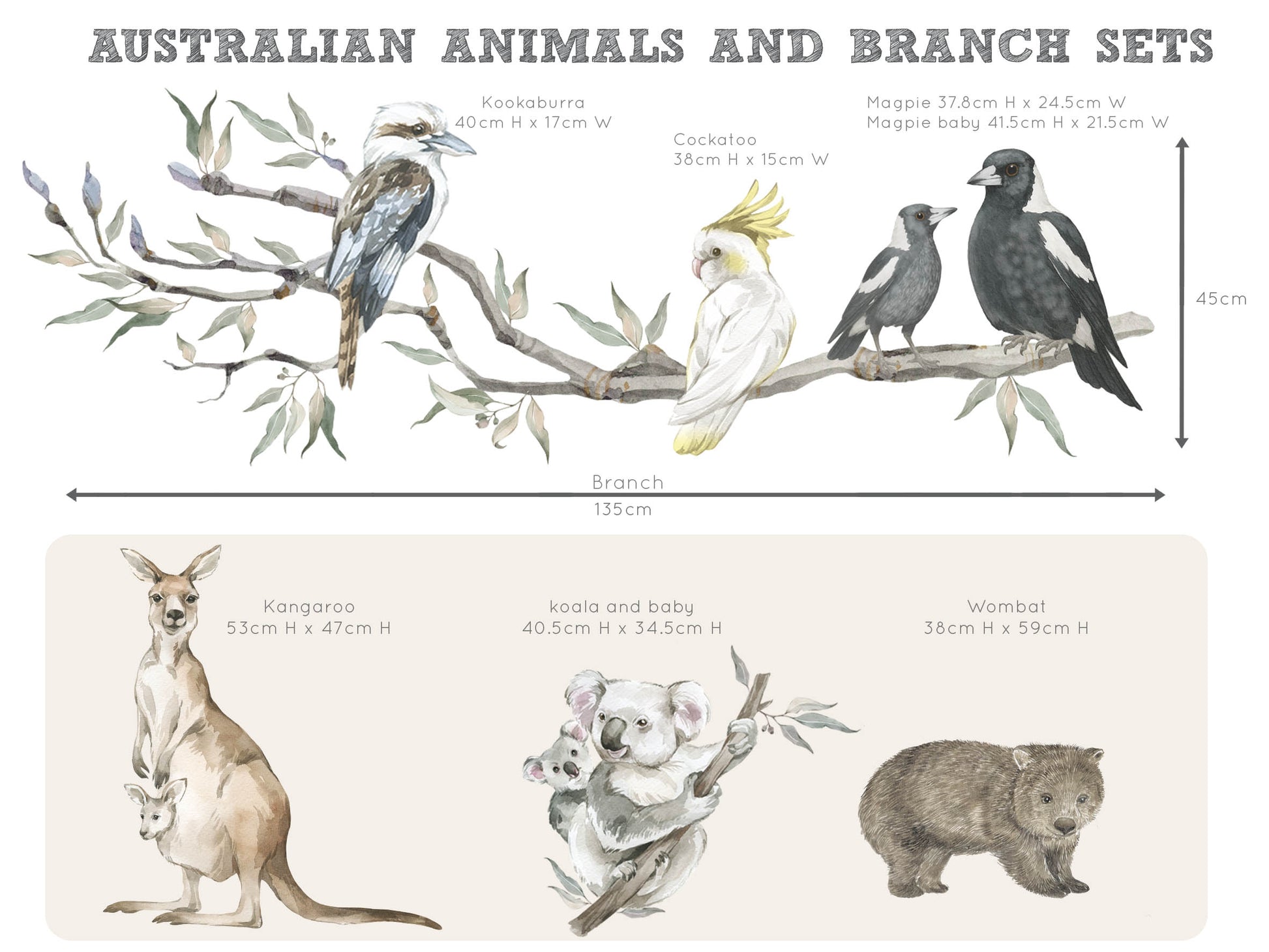 Extended Gum Tree Branch + Animals - Wall Decals Australia - Fable and Fawn 