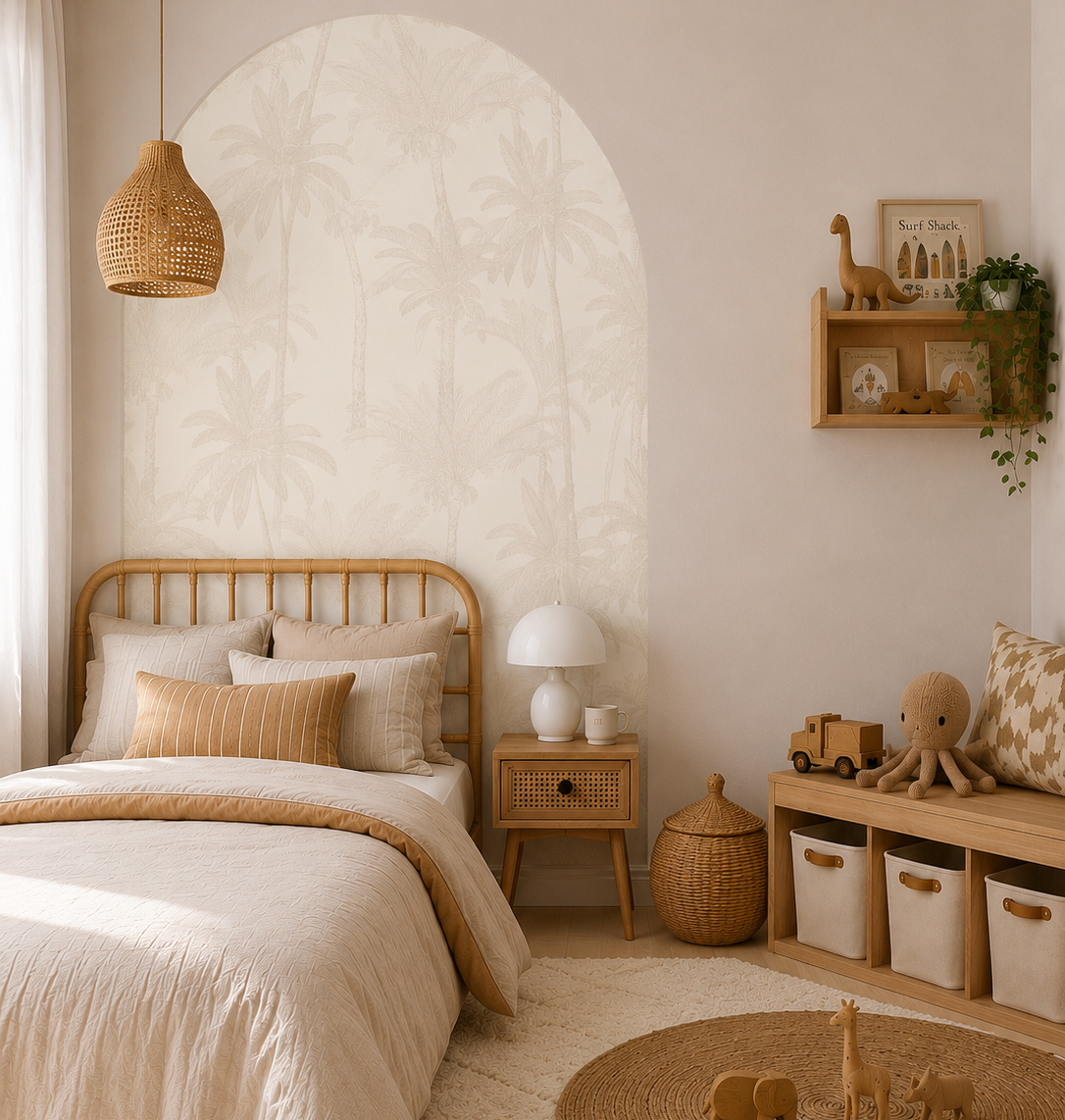Beige palms arch wall decal behind a timber bed in a neutral coastal nursery with removable fabric wall decals.