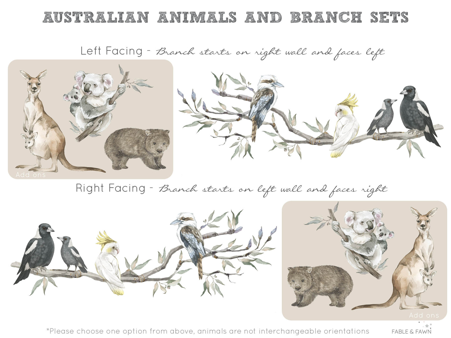 Extended Gum Tree Branch + Animals - Wall Decals Australia - Fable and Fawn 