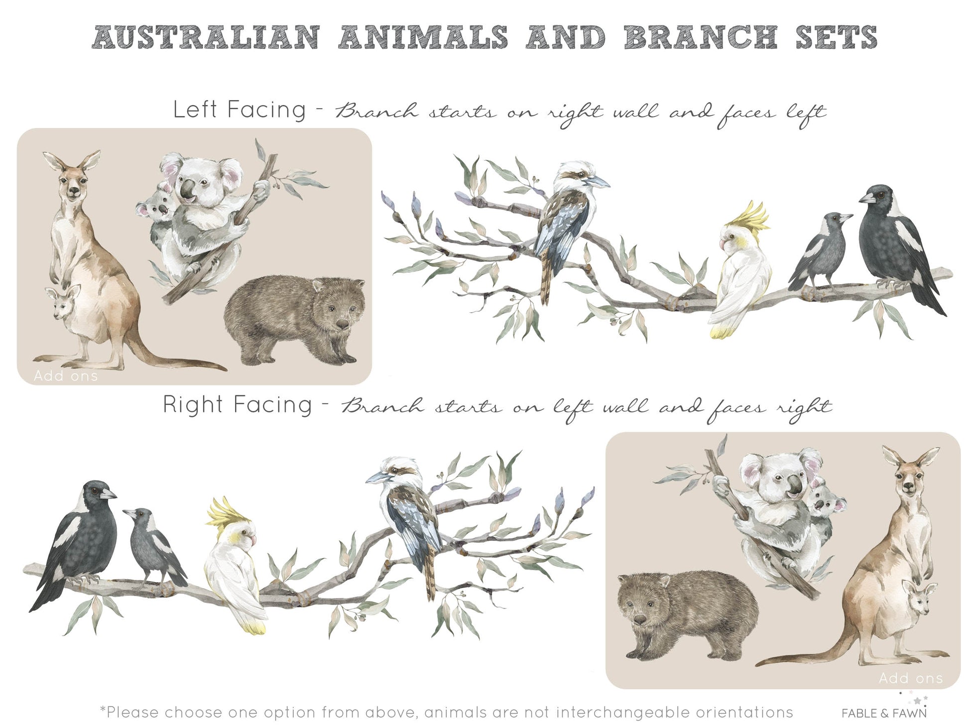 Extended Gum Tree Branch + Animals - Wall Decals Australia - Fable and Fawn 