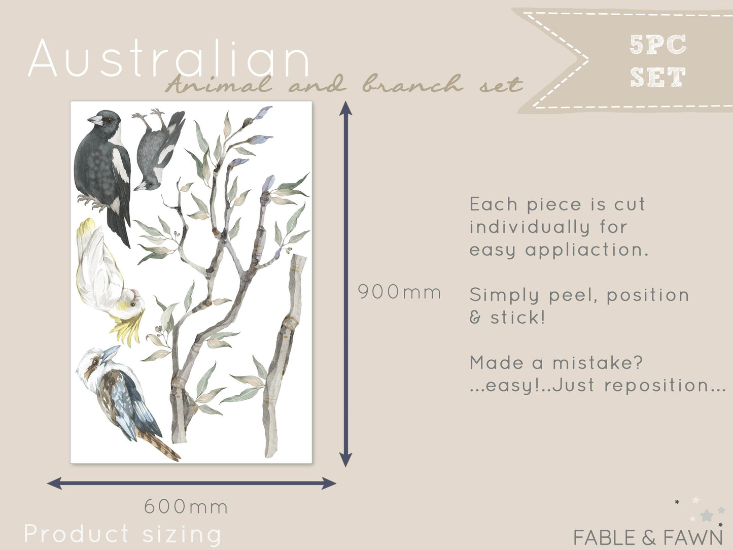 Extended Gum Tree Branch + Animals - Wall Decals Australia - Fable and Fawn 