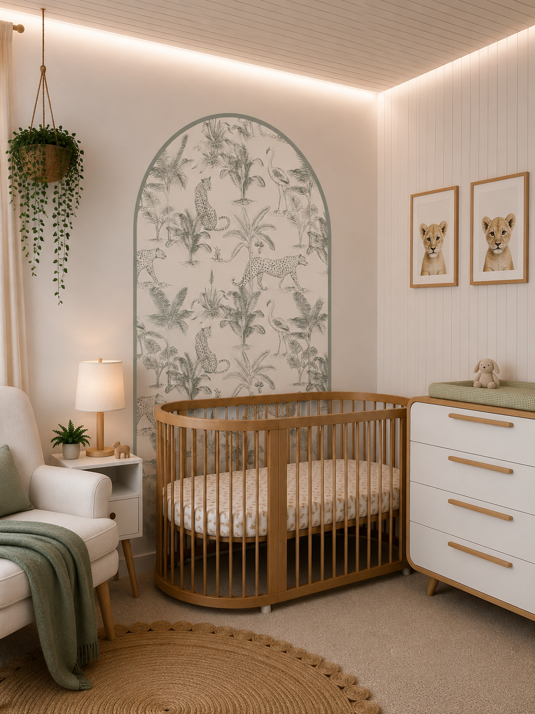 Charcoal Safari Leopard Arch Wall Decal creating a modern safari nursery feature wall with black and white wallpaper styling