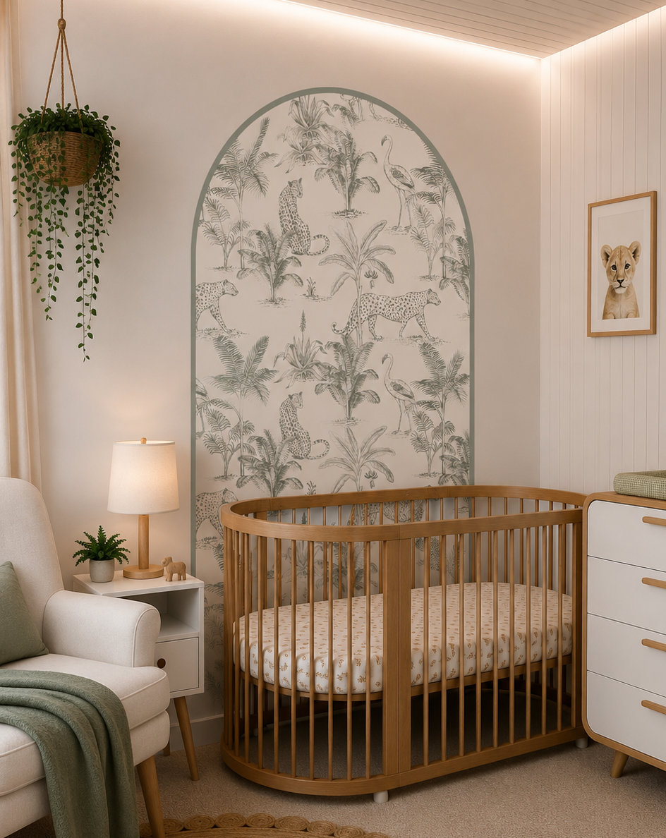 Charcoal Safari Leopard Arch Wall Decal creating a modern safari nursery feature wall with black and white wallpaper styling