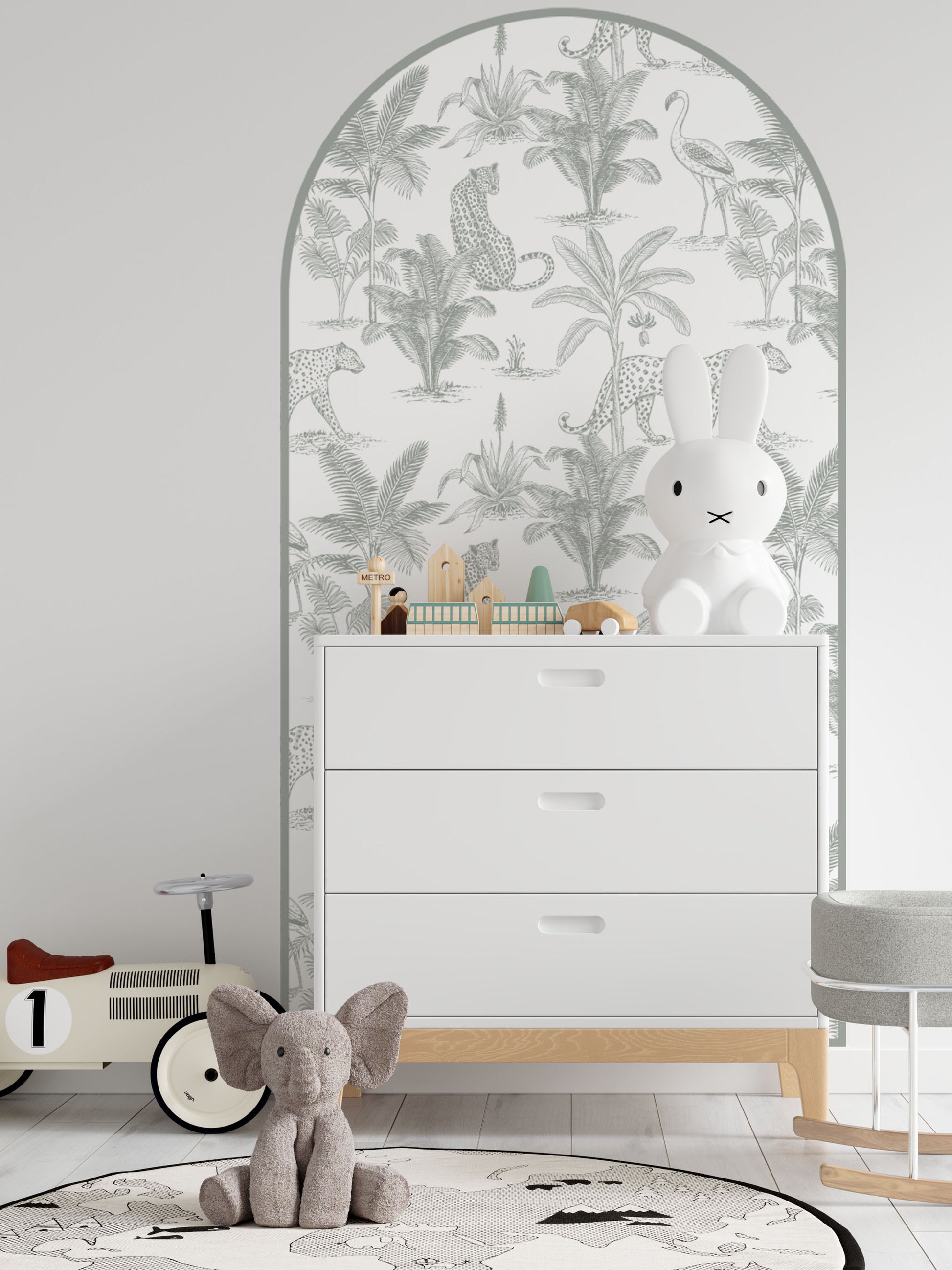 Charcoal Safari Leopard Arch Wall Decal creating a modern safari nursery feature wall with black and white wallpaper styling