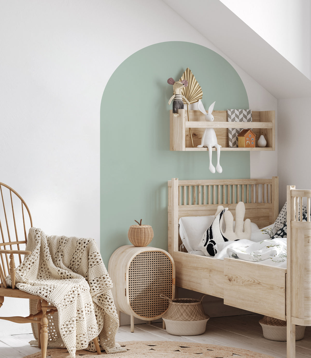 Duck egg blue arch wall decal creating a soft blue-green feature wall in a modern nursery