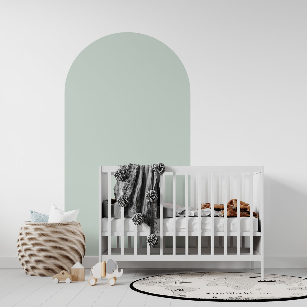 Duck egg blue arch wall decal creating a soft blue-green feature wall in a modern nursery