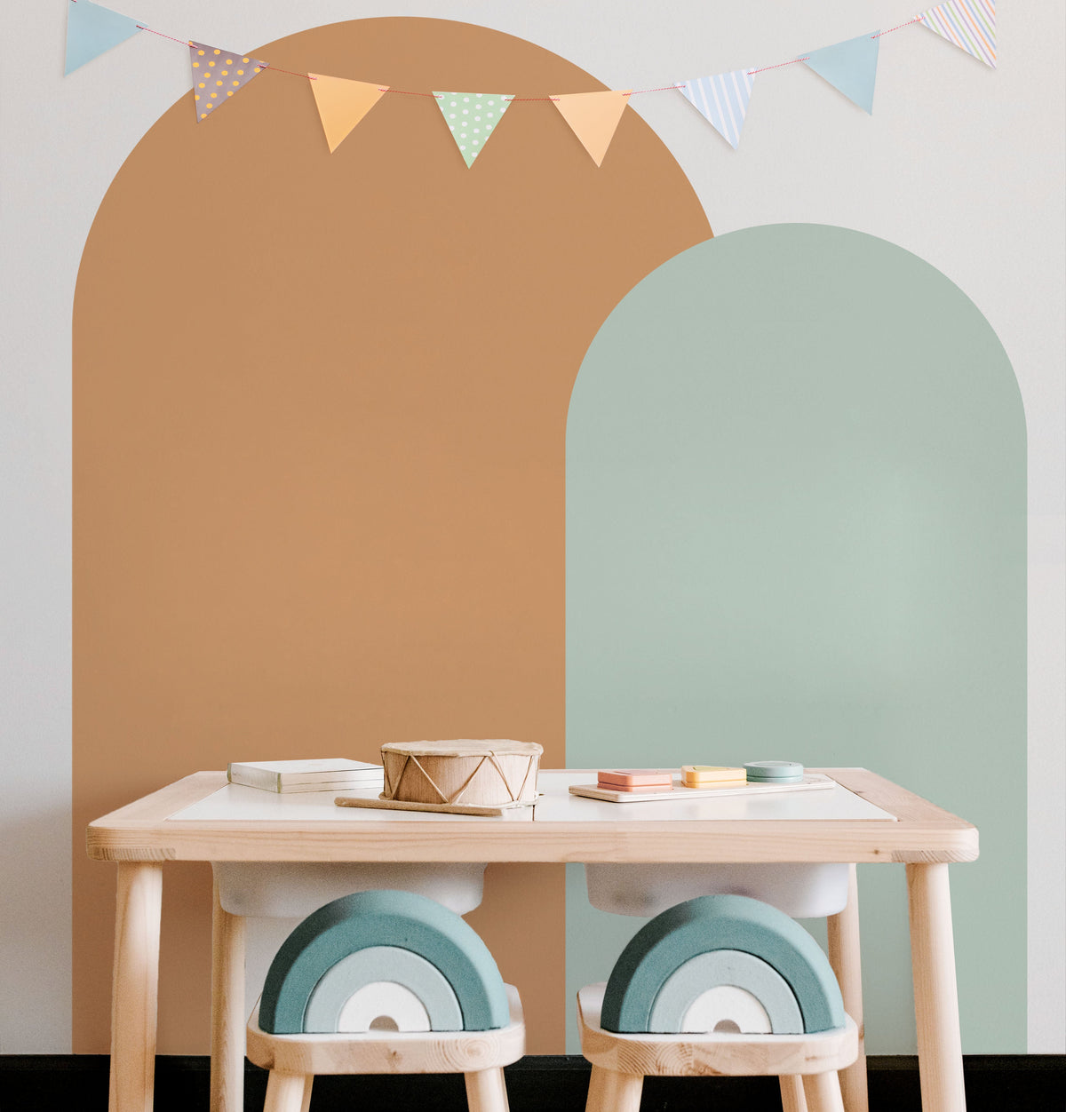 Duck egg blue arch wall decal creating a soft blue-green feature wall in a modern nursery