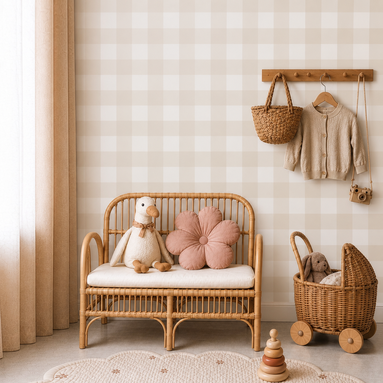 Beige & White Gingham Wallpaper