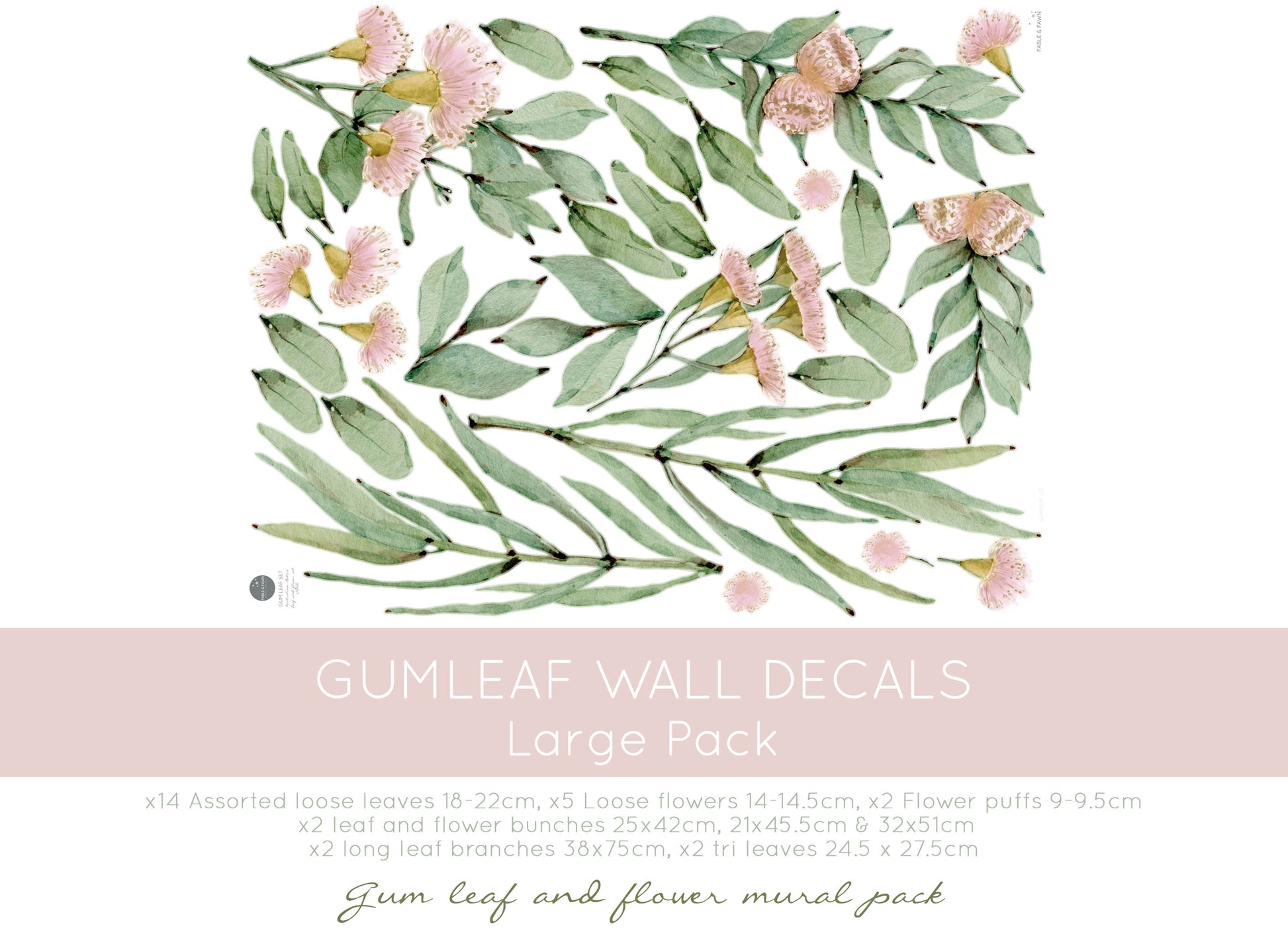 Australian wall decal featuring gum leaves and pink accents for a soft, serene nursery, part of Australia wall art prints.