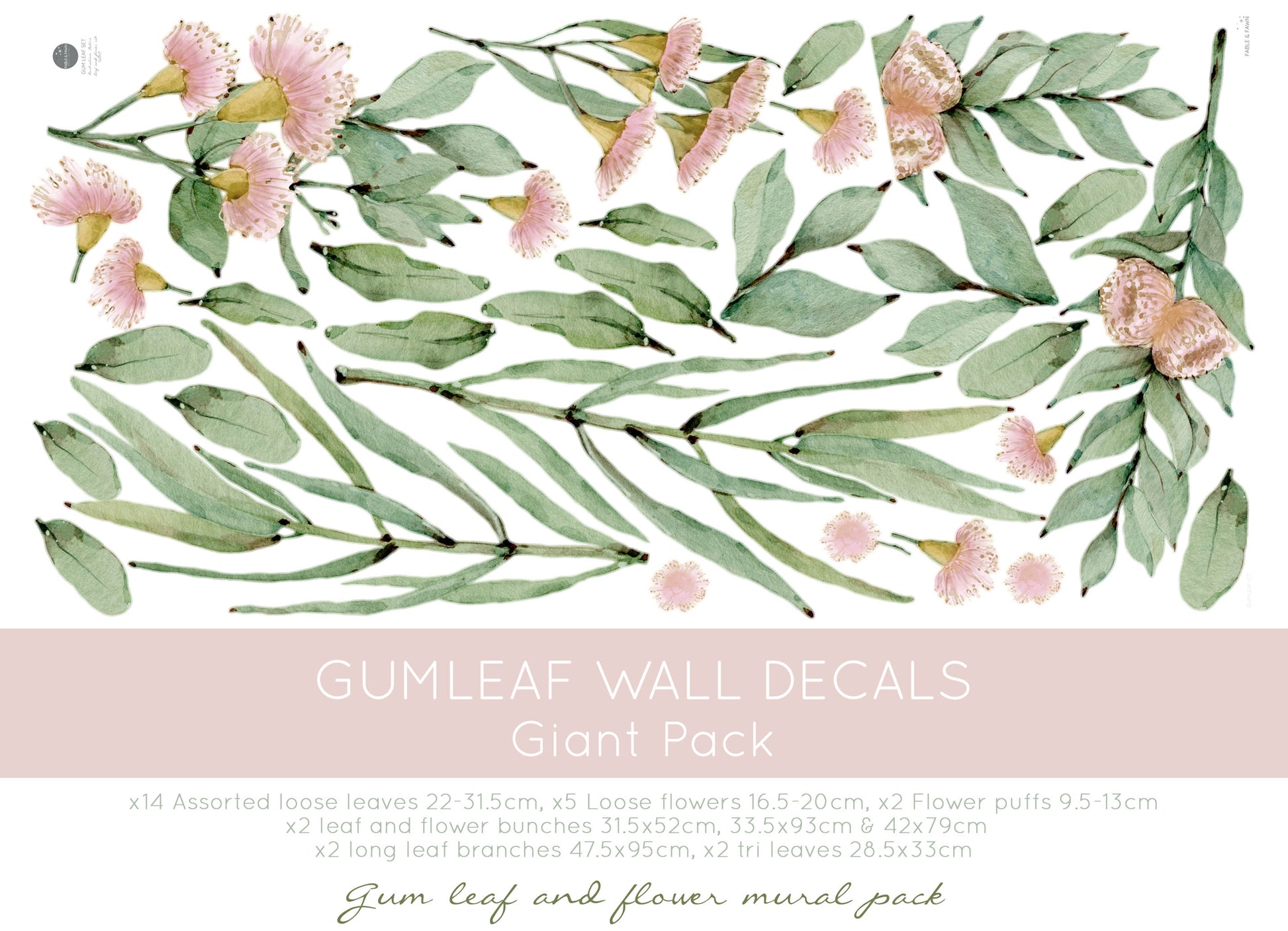 Australian wall decal featuring gum leaves and pink accents for a soft, serene nursery, part of Australia wall art prints.