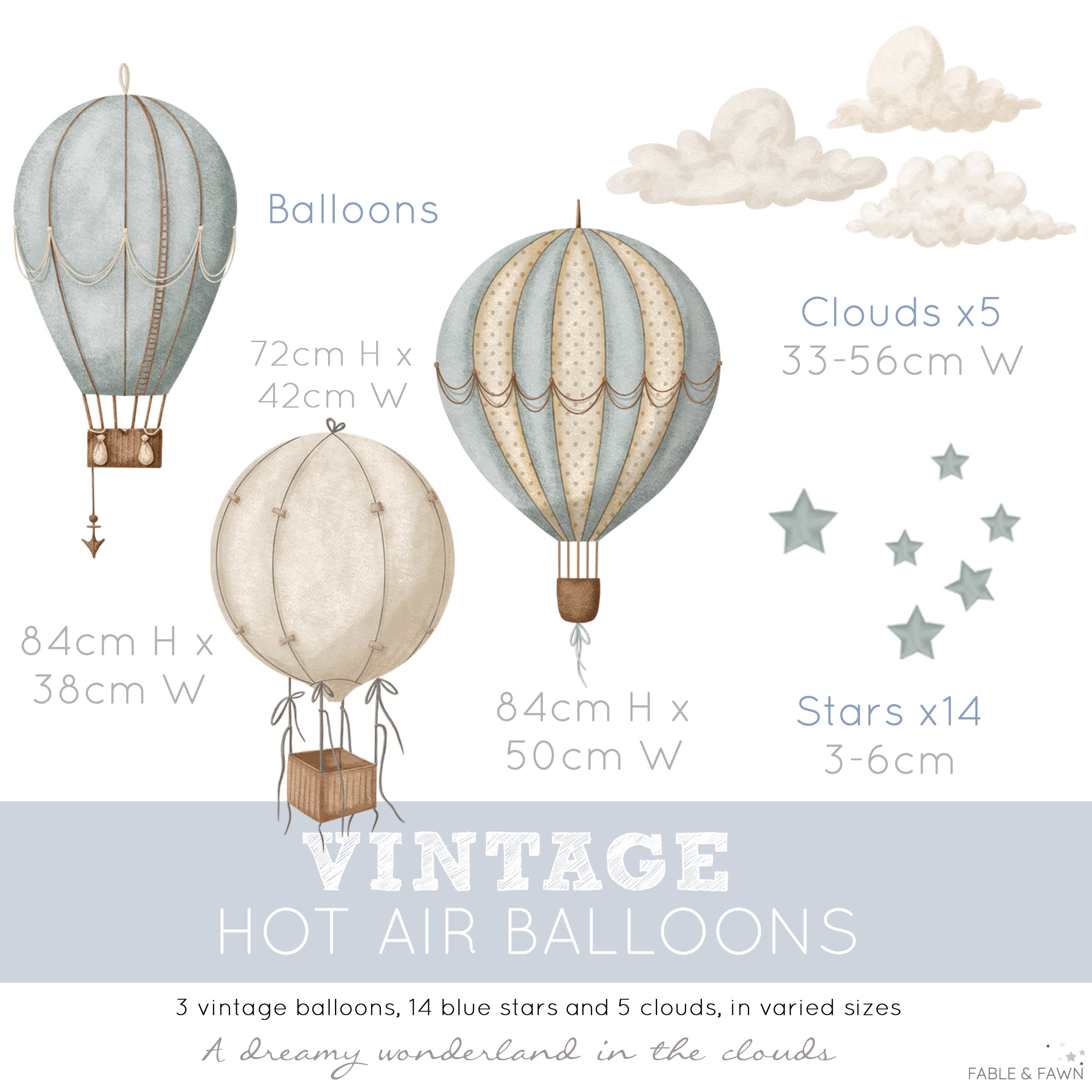 Watercolour hot air balloon wall stickers in a modern nursery featuring three balloons, floating clouds and stars.