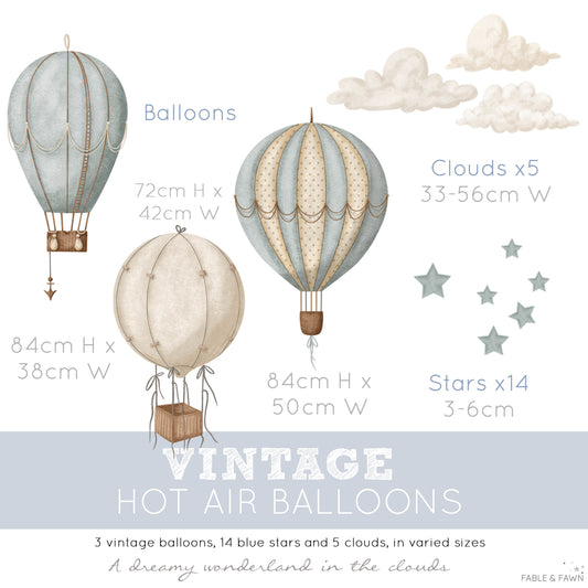 Watercolour hot air balloon wall stickers in a modern nursery featuring three balloons, floating clouds and stars.