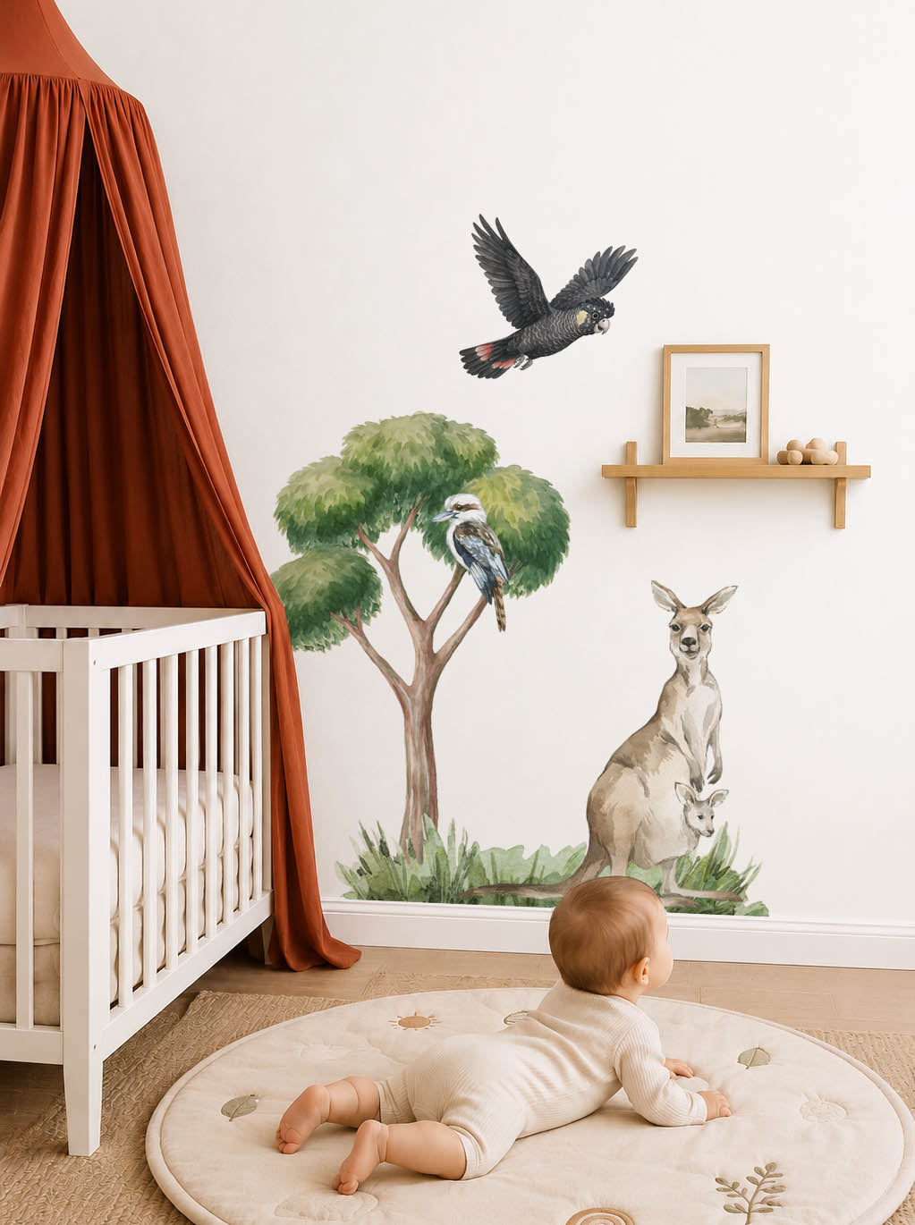 Australian Animal Wall Decals featuring a large Kangaroo Wall Decal in a neutral nursery.