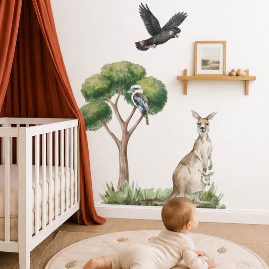 Australian Animal Wall Decals featuring a large Kangaroo Wall Decal in a neutral nursery.