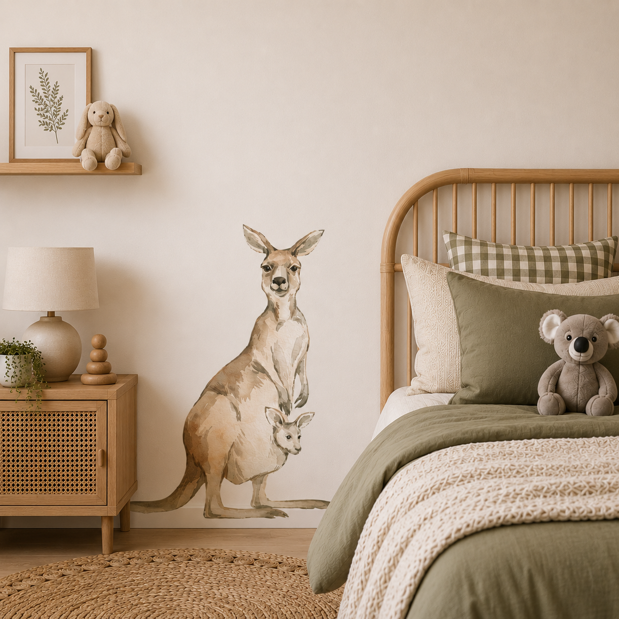 Large Kangaroo Wall Decal featuring a mother kangaroo and joey in a modern Australian nursery.