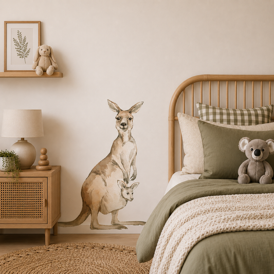 Large Kangaroo Wall Decal featuring a mother kangaroo and joey in a modern Australian nursery.