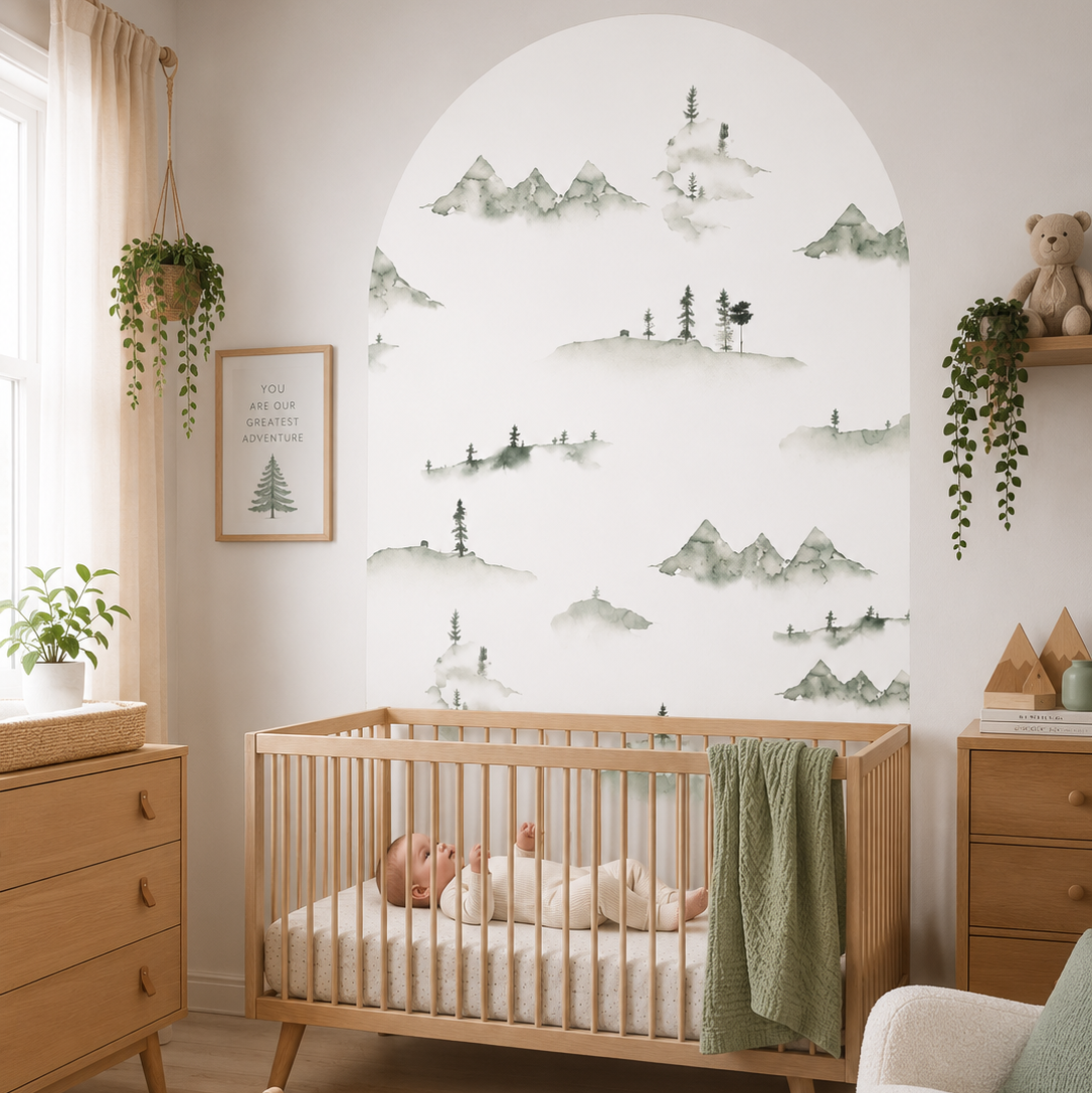Misty Mountain Arch Wall Decal featuring a watercolour mountain landscape in a modern nursery
