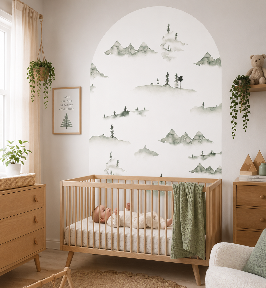 Misty Mountain Arch Wall Decal featuring a watercolour mountain landscape in a modern nursery