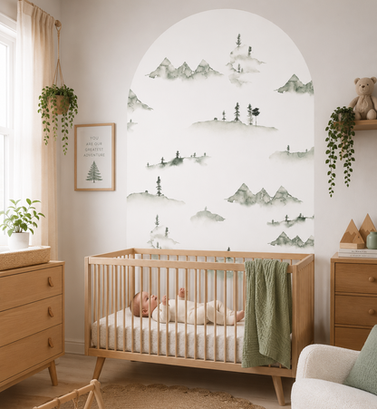 Misty Mountain Arch Wall Decal featuring a watercolour mountain landscape in a modern nursery