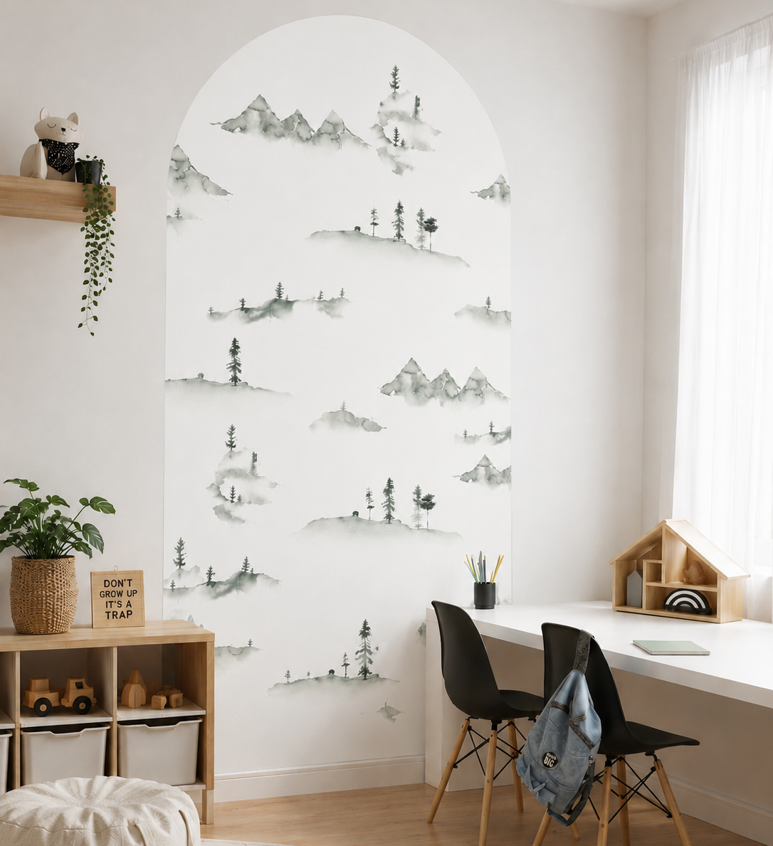 Misty Mountain Arch Wall Decal featuring a watercolour mountain landscape in a modern nursery