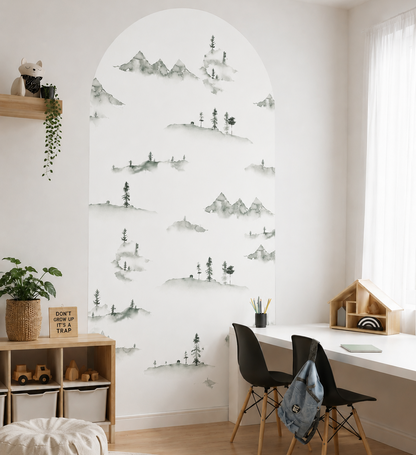 Misty Mountain Arch Wall Decal featuring a watercolour mountain landscape in a modern nursery