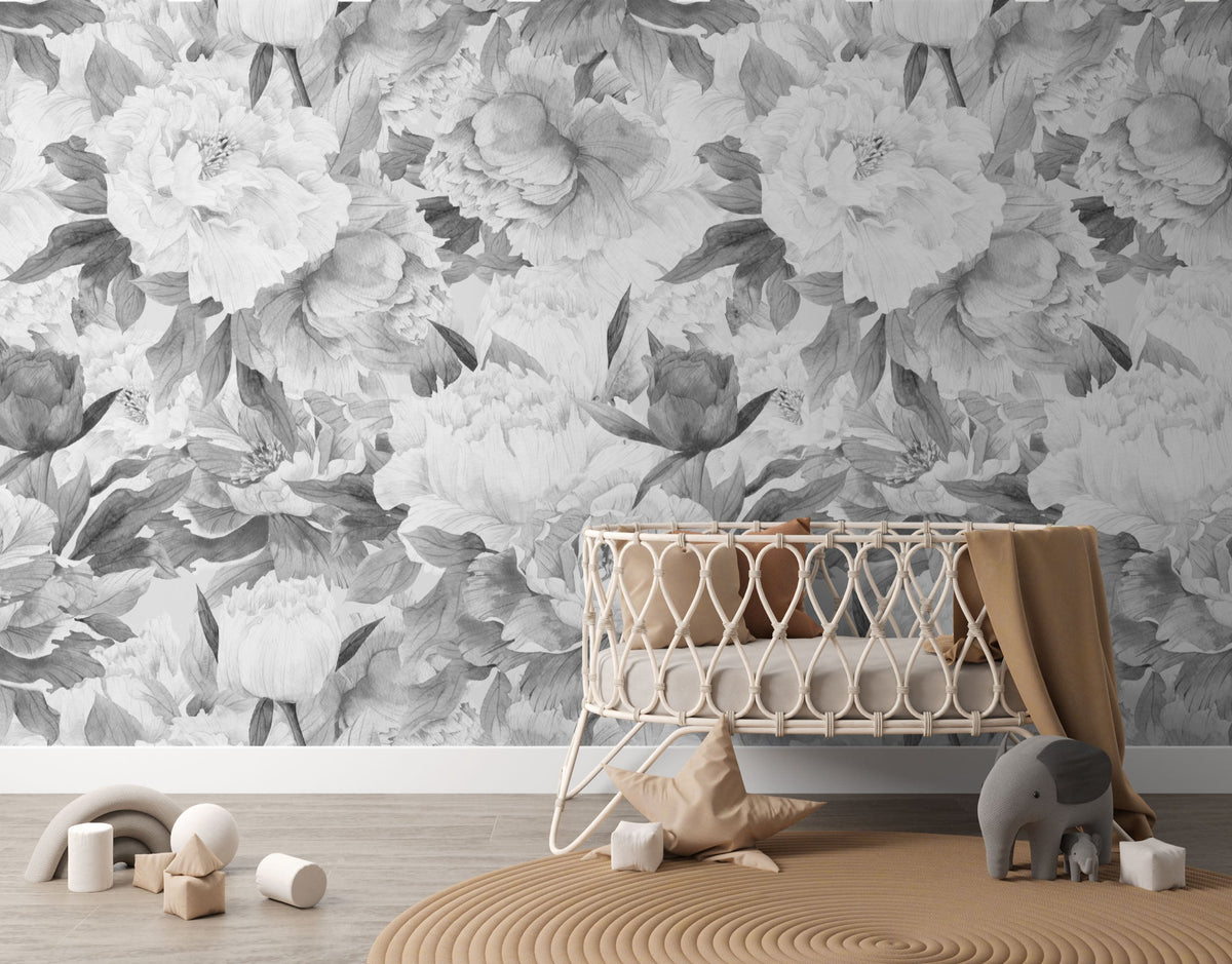 Black & White Peony Wallpaper Mural - Wallpaper - Fable and Fawn