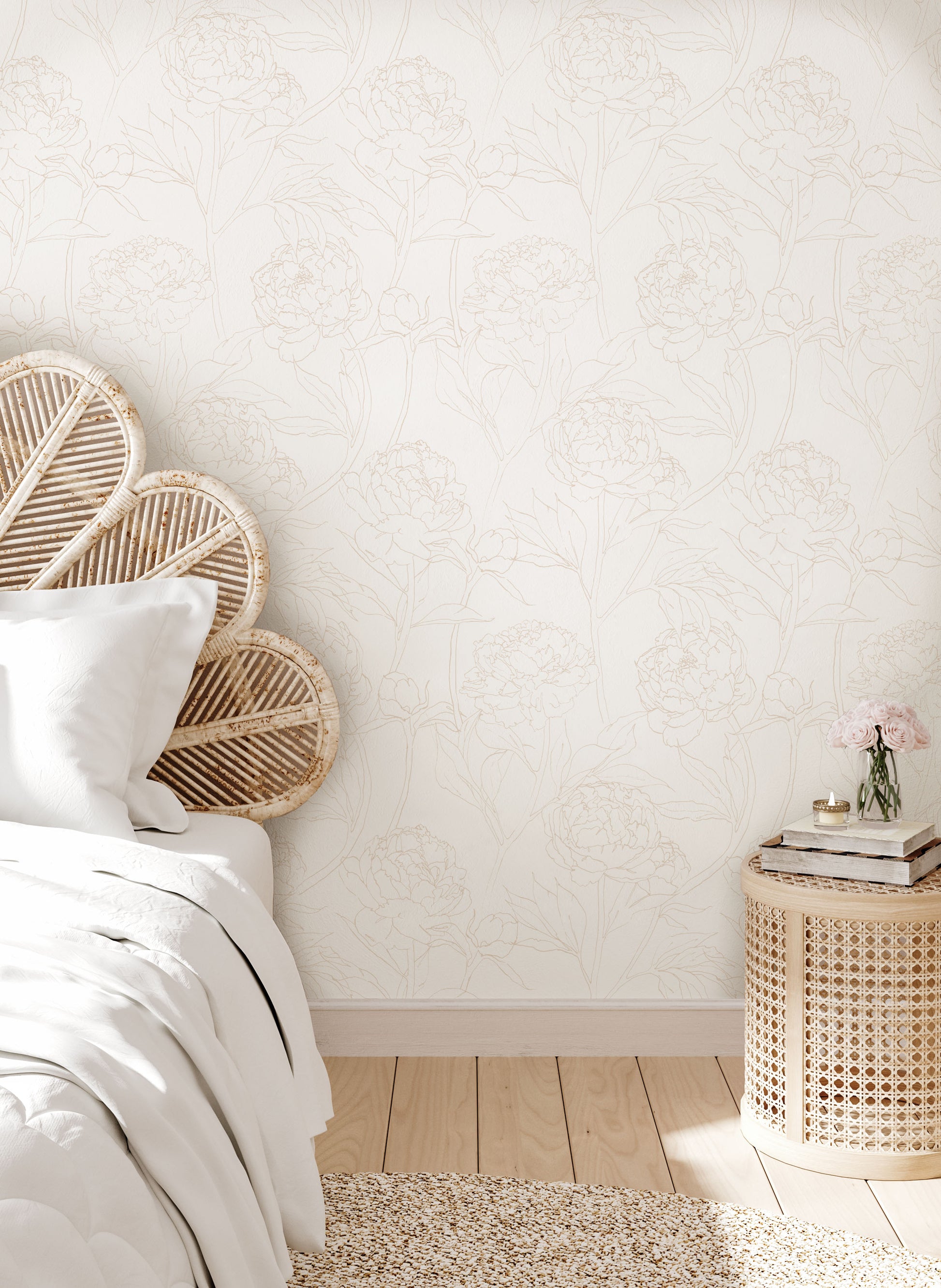 Peony Beige White Wallpaper - Wallpaper - Fable and Fawn 