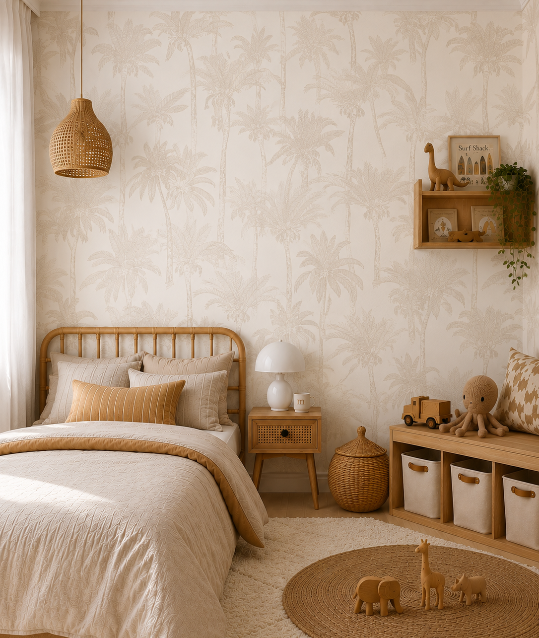 A beautifully styled children's bedroom featuring a light wood bed frame, beige bedding, a woven pendant light, and a wall covered in a subtle palm tree patterned wallpaper. A wooden shelf, storage bench, and a round jute rug with toy animals are also visible.