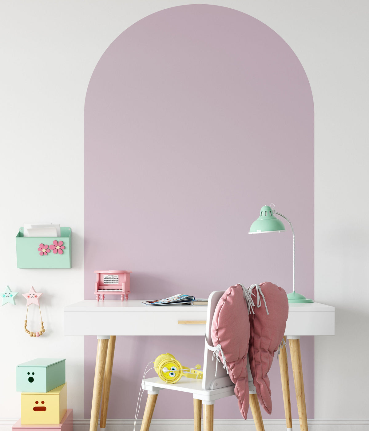 Purple arch wall decal creating a soft lavender feature wall in a modern nursery
