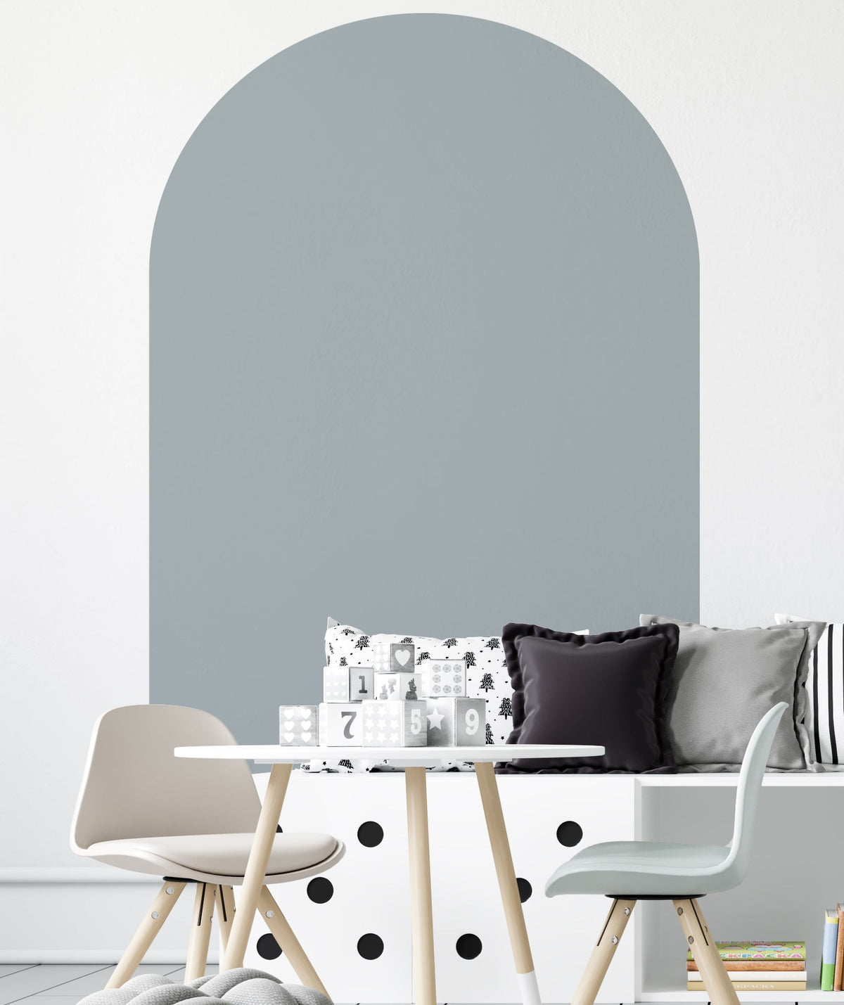 Steel blue arch wall decal creating a modern blue-grey feature wall in a nursery