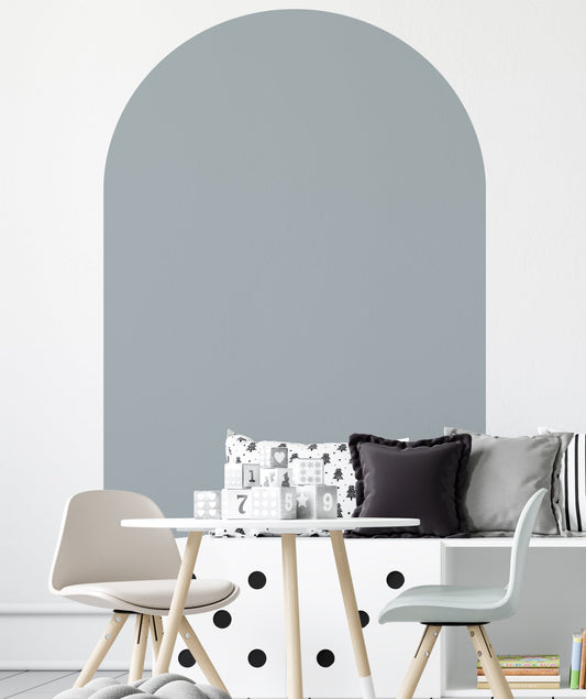 Steel blue arch wall decal creating a modern blue-grey feature wall in a nursery