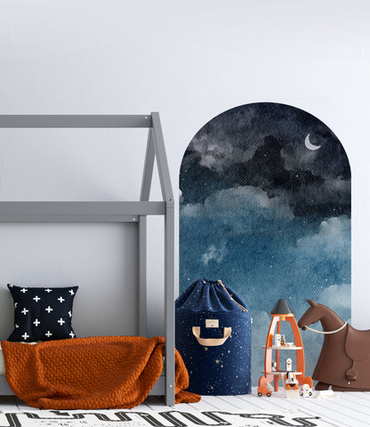Twilight Moon Arch Wall Decal featuring a moonlit night sky and celestial clouds in a modern children's bedroom