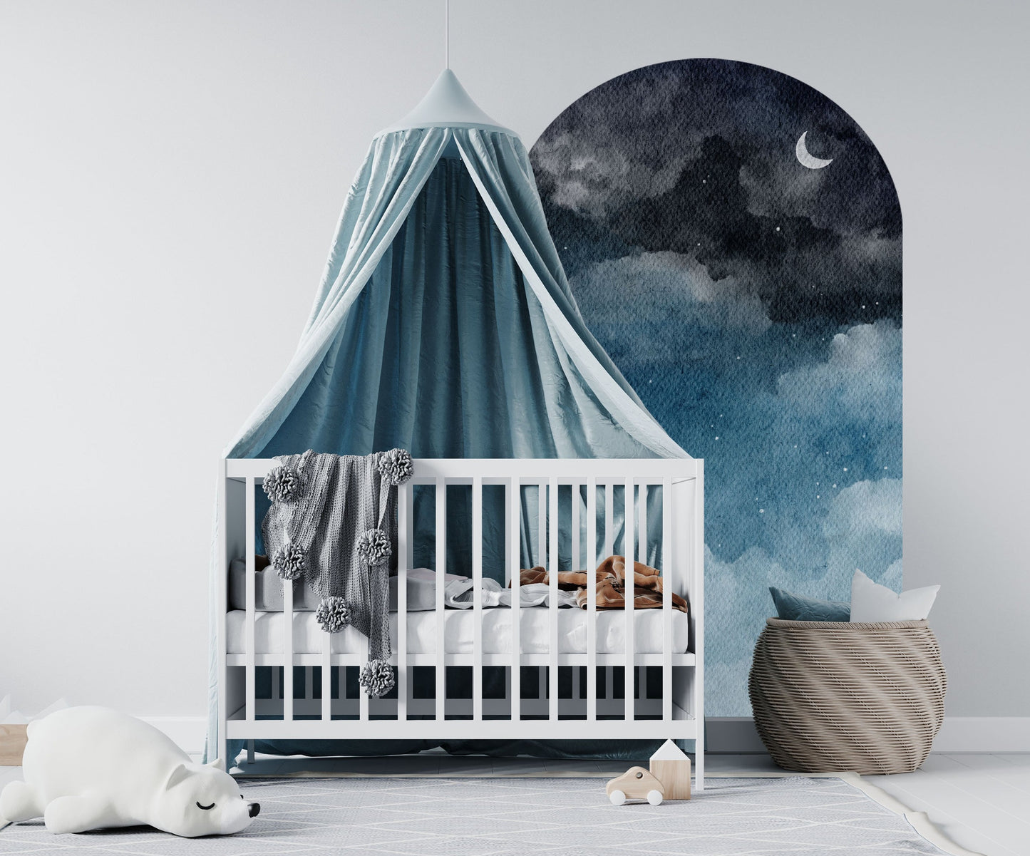 Twilight Moon Arch Wall Decal featuring a moonlit night sky and celestial clouds in a modern children's bedroom