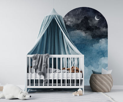 Twilight Moon Arch Wall Decal featuring a moonlit night sky and celestial clouds in a modern children's bedroom