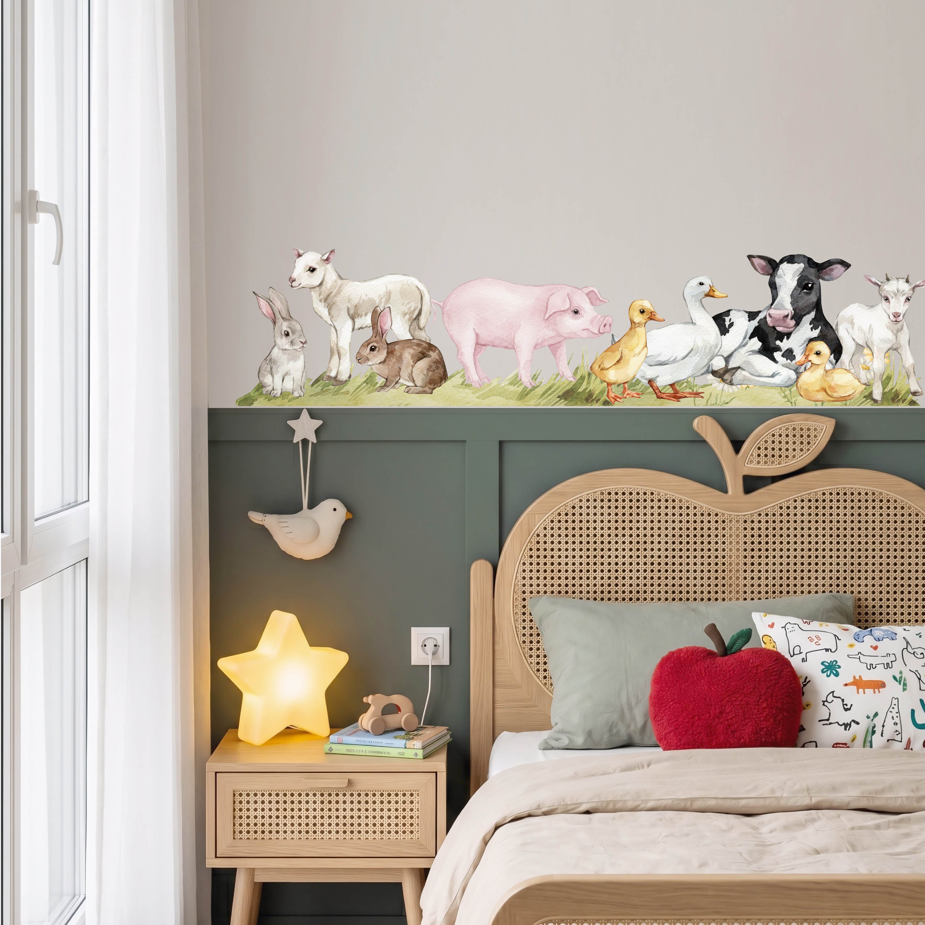Farm animal wall decals in a colourful kids bedroom