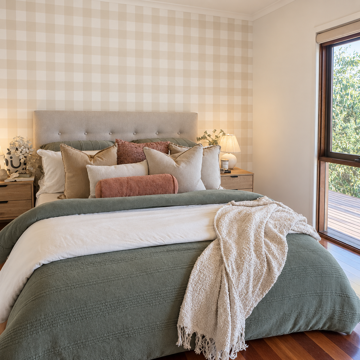 Beige & White Gingham Wallpaper