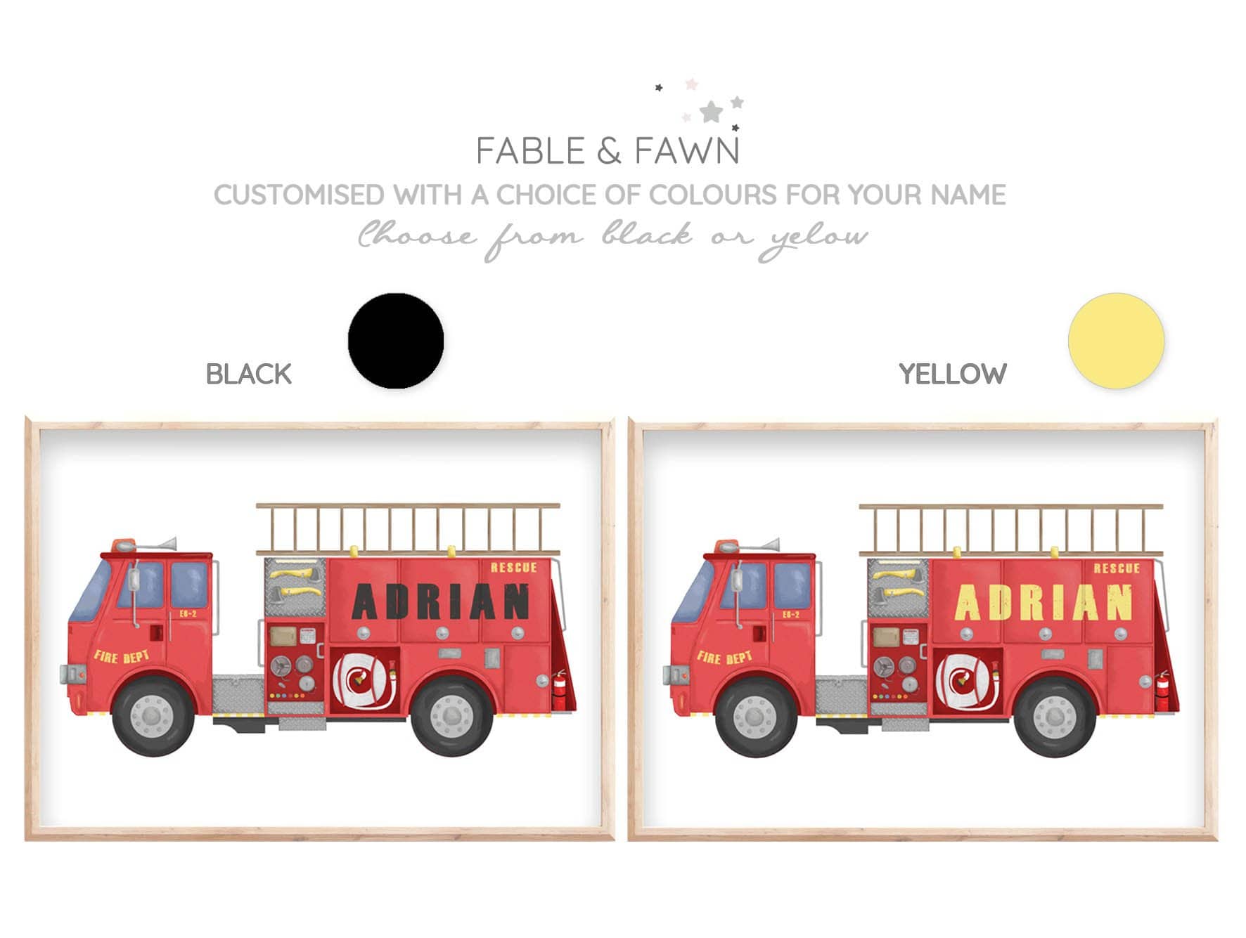 Fire Engine Print | Personalised Word Print - Kids Wall Art - Fable and Fawn 