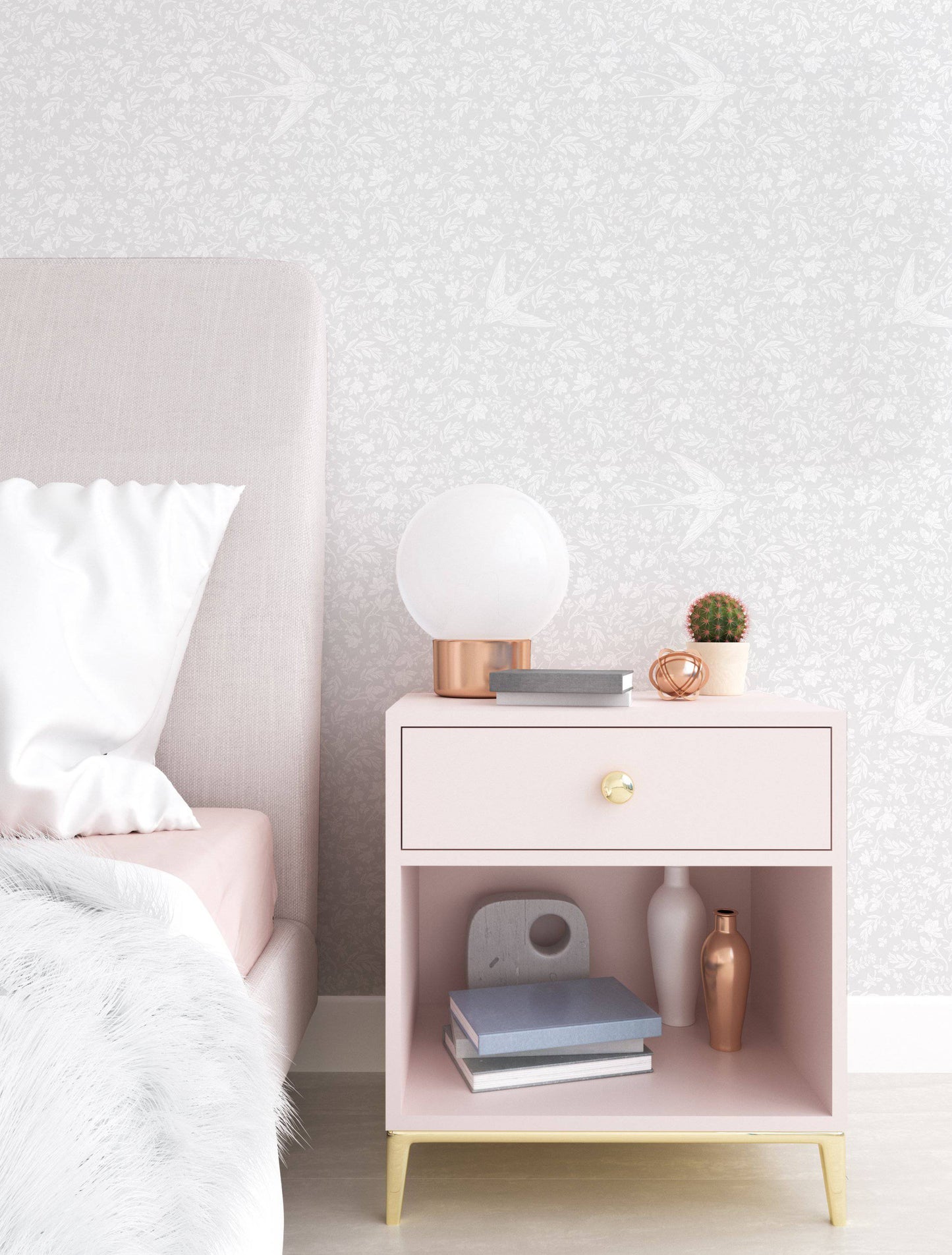 Little Birdie (Soft Grey) Floral Wallpaper, girls bedroom