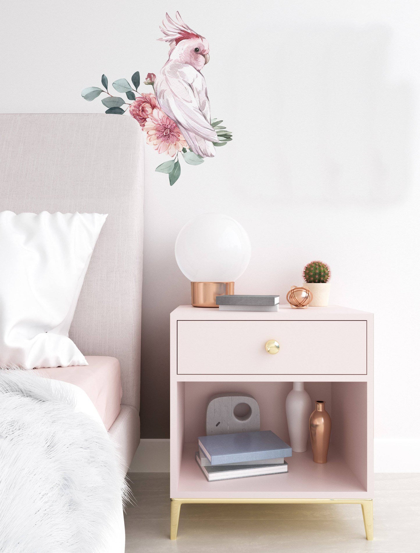 Pink Cockatoo & Flower Wall Decals - Wall Decals - Fable and Fawn 